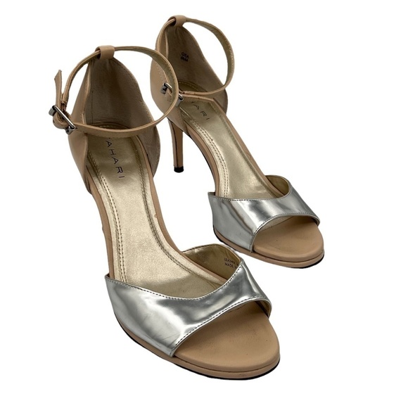 Tahari Silver Biscuit Leather GEA Heeled Open Toe Sandals Size 6 1/2 Women's - Picture 1 of 11